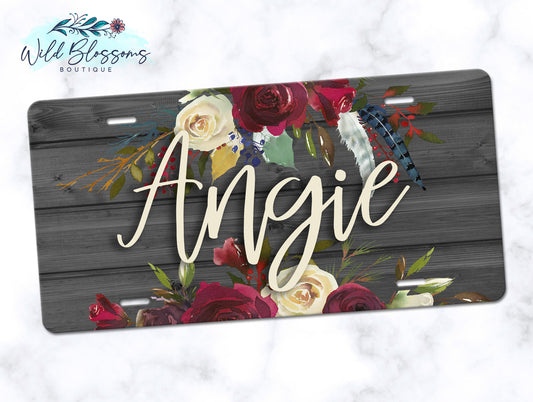 Wooden Grey And Red Floral License Plate