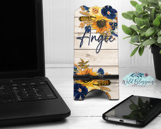 Wooden Navy Sunflower Floral Personalized Phone Stand