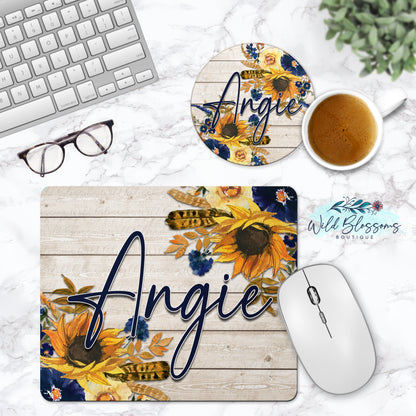 Wooden Navy Sunflower Floral Personalized Mouse Pad And Coaster Desk Set