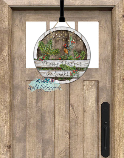 Wooden Pine Merry Christmas Personalized Round Door Hanger