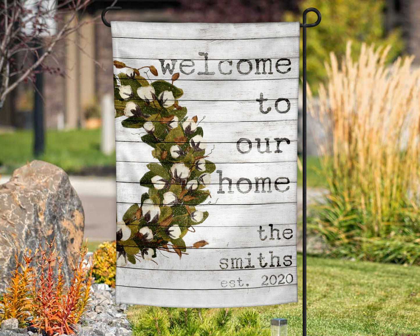 Wooden Shiplap Cotton Wreath Personalized Garden Flag