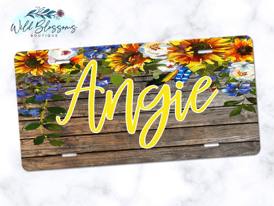 Wooden Sunflower Floral Personalized License Plate