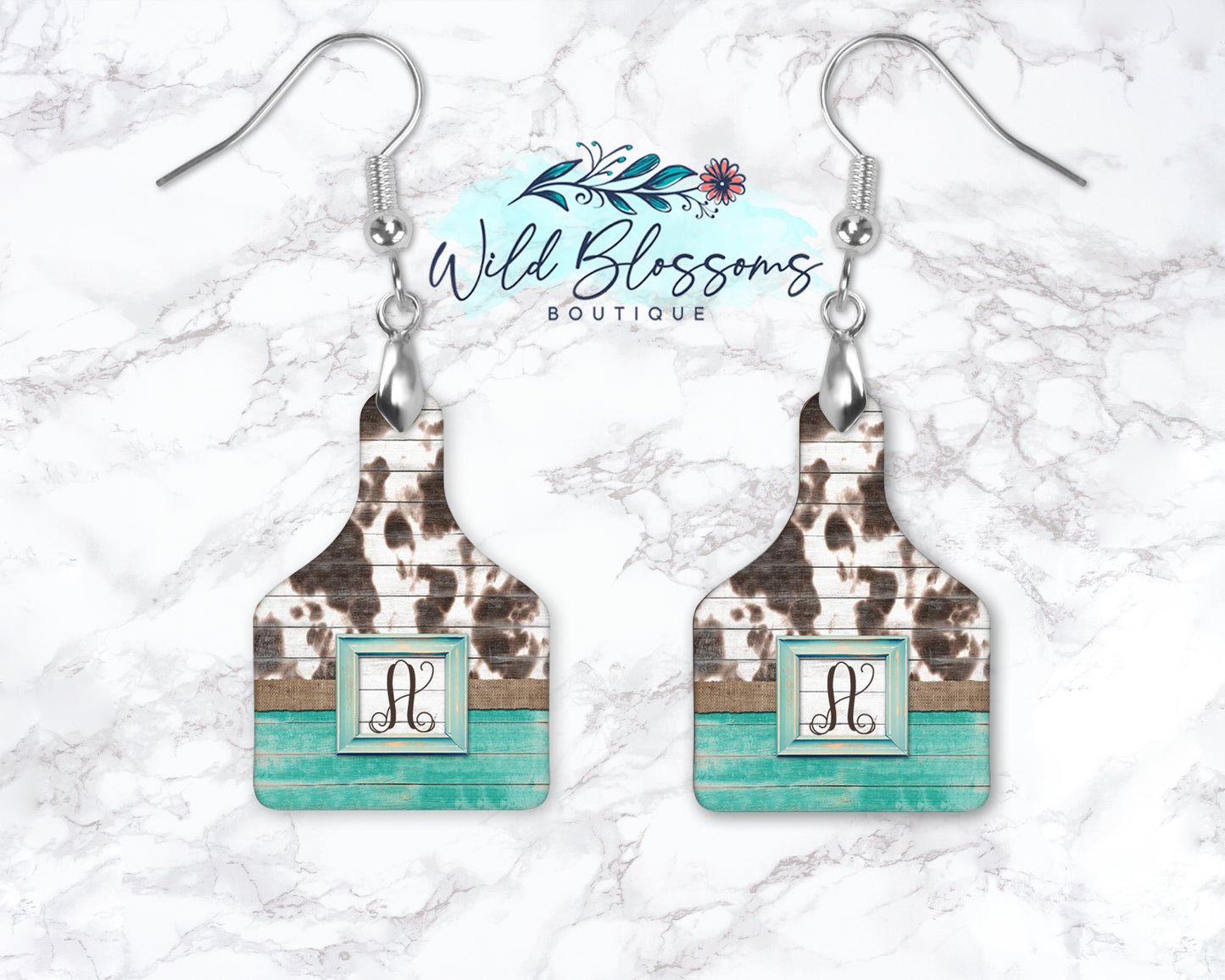 Wooden Turquoise Cow Print Monogram Drop Earrings