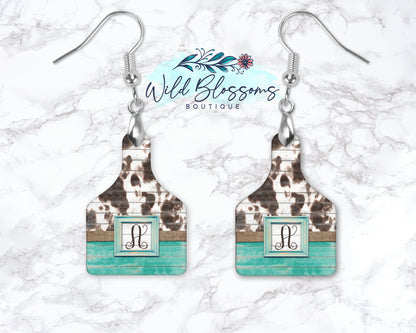 Wooden Turquoise Cow Print Monogram Drop Earrings