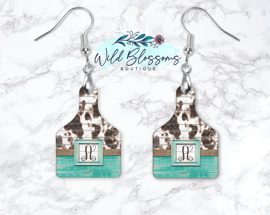 Wooden Turquoise Cow Print Monogram Drop Earrings