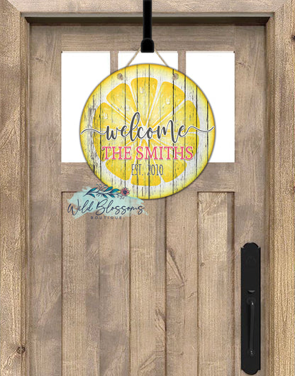 Wooden Welcome Lemon Slice Personalized Round Door Hanger