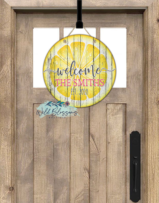 Wooden Welcome Lemon Slice Personalized Round Door Hanger