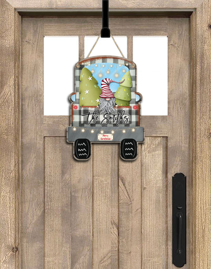 White Buffalo Plaid Gnome Truck Personalized Door Hanger