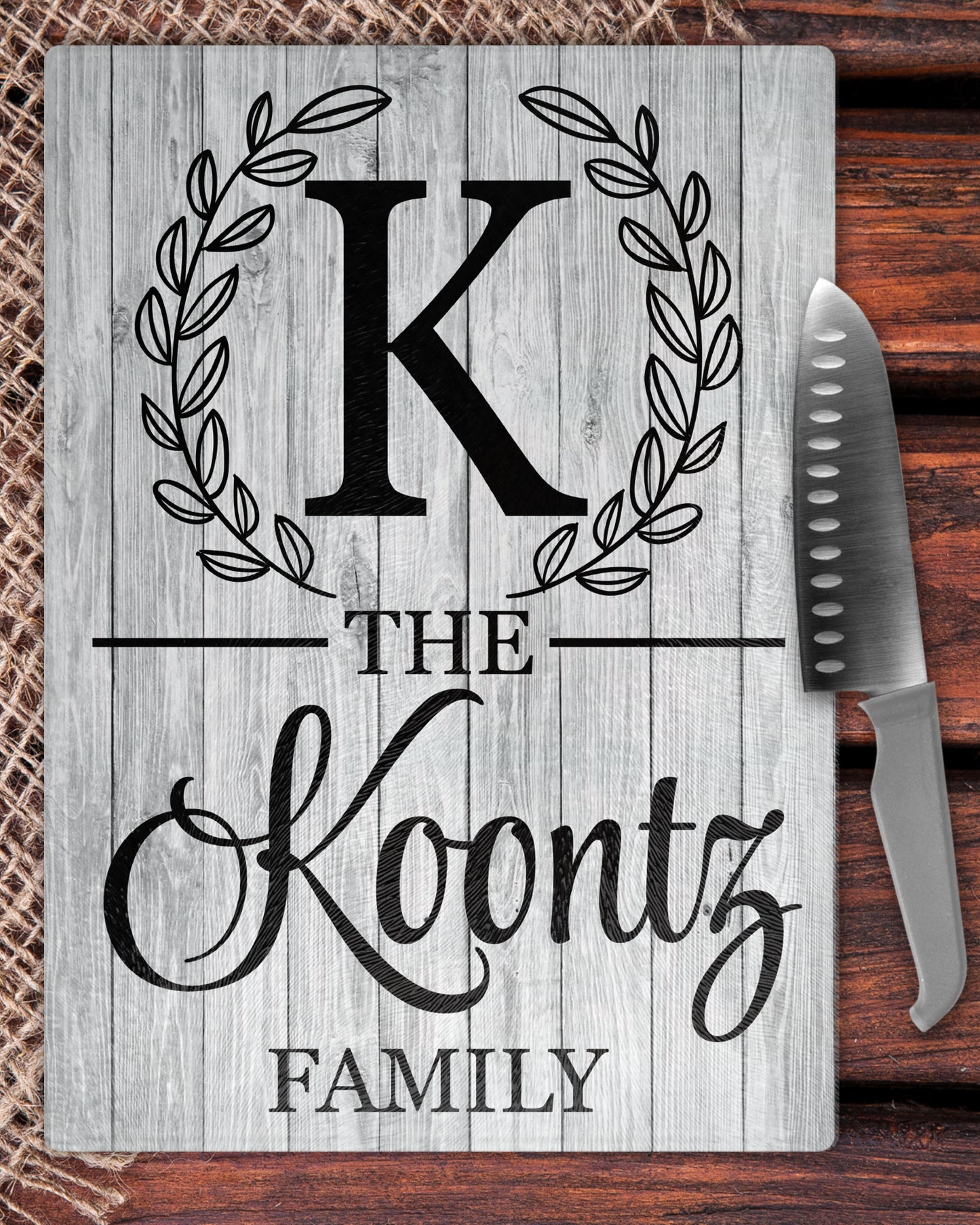 White Wooden Family Name Glass Cutting Board