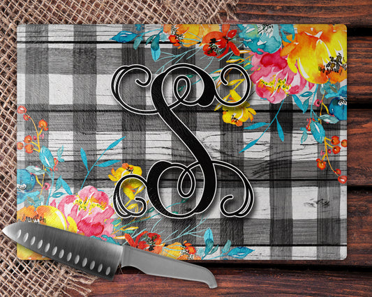 Buffalo Plaid Bright Floral Glass Cutting Board