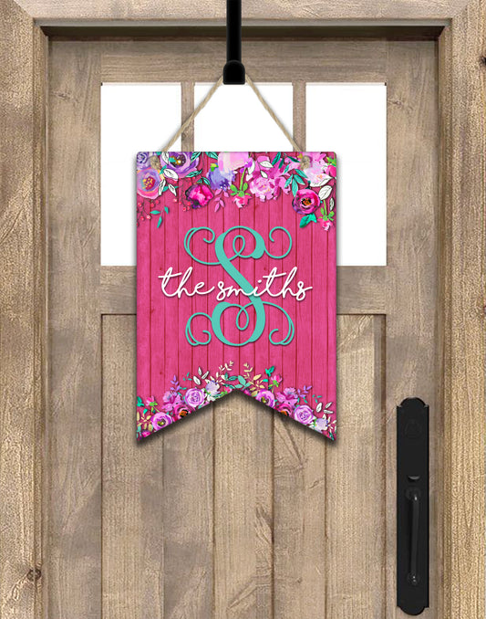 Bright Pink Wooden Floral Bunting Shaped Personalized Door Hanger