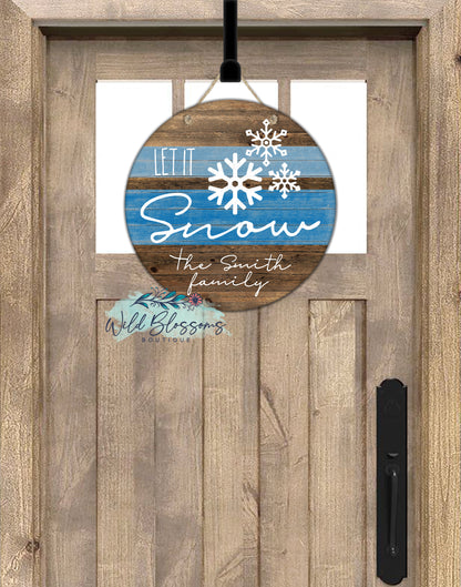 Wooden Let it Snow Winter Round Door Hanger