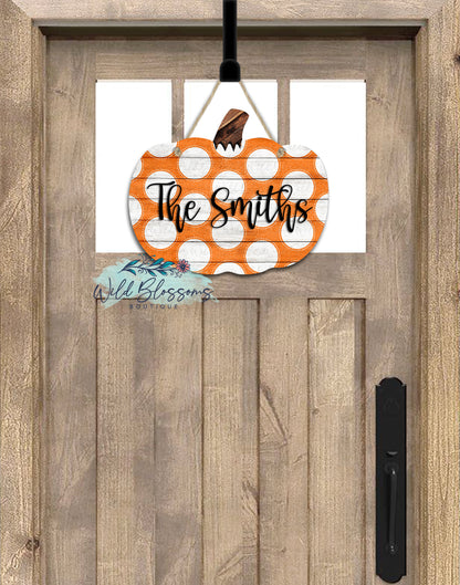 Wooden Orange And White Polka Dot Personalized Pumpkin Shaped Door Hanger