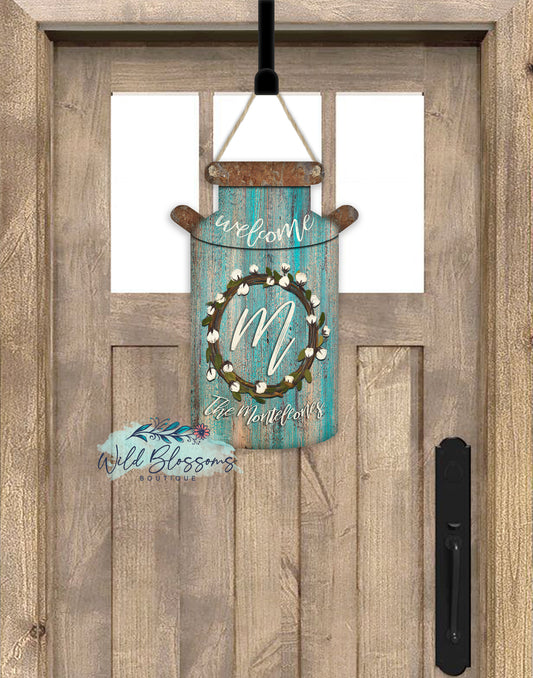 Wooden Turquoise And Cotton Wreath Rustic Personalized Milk Can Shaped Door Hanger