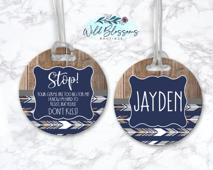 Navy Woodland Arrow Stop Do Not Kiss Bag Tag