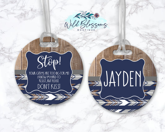Navy Woodland Arrow Stop Do Not Kiss Bag Tag