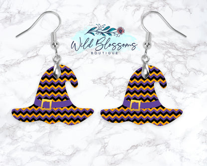 Yellow And Purple Chevron Witch Hat Drop Earrings