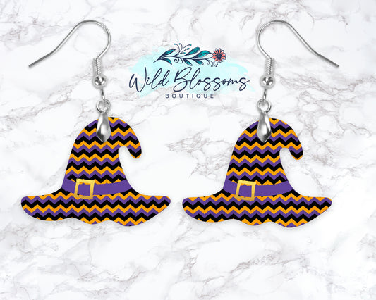Yellow And Purple Chevron Witch Hat Drop Earrings